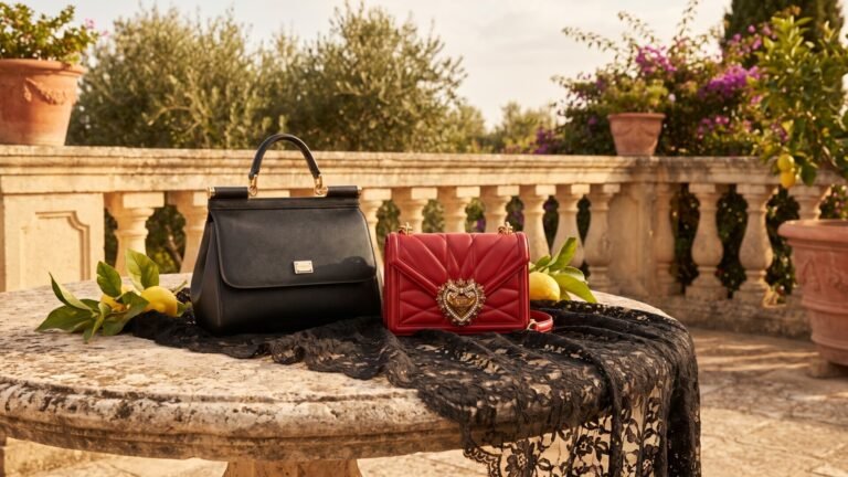 Black Sicily handbag and red Devotion bag on a lace-draped stone terrace table with fresh lemons