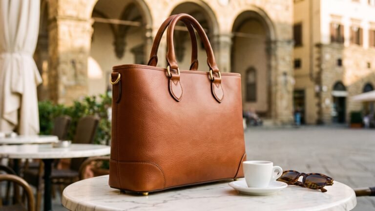 Brown structured Italian leather tote bag resting on an outdoor marble cafe table next to an espresso cup
