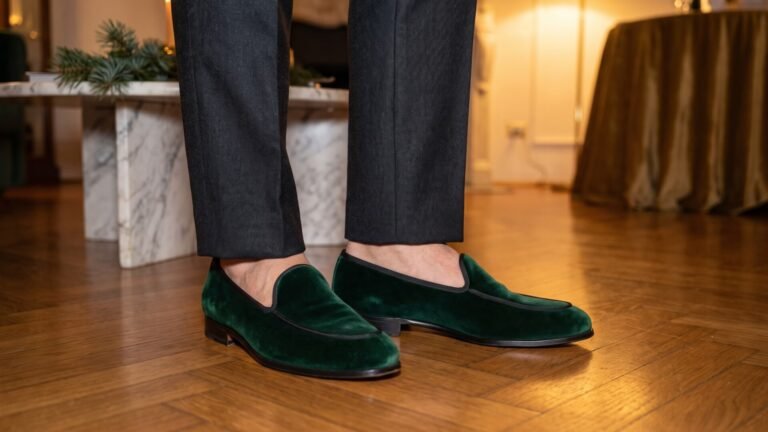 Emerald green velvet slippers paired with tailored trousers on parquet flooring at a festive gathering