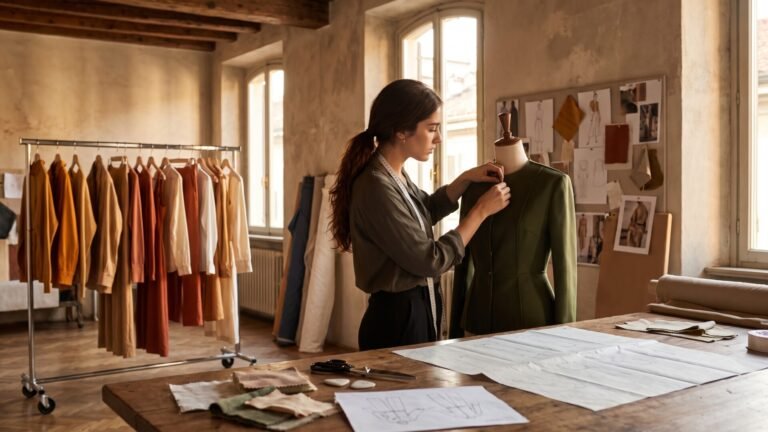 Fashion designer fitting an olive green tailored jacket on a dress form in a bright Milanese studio