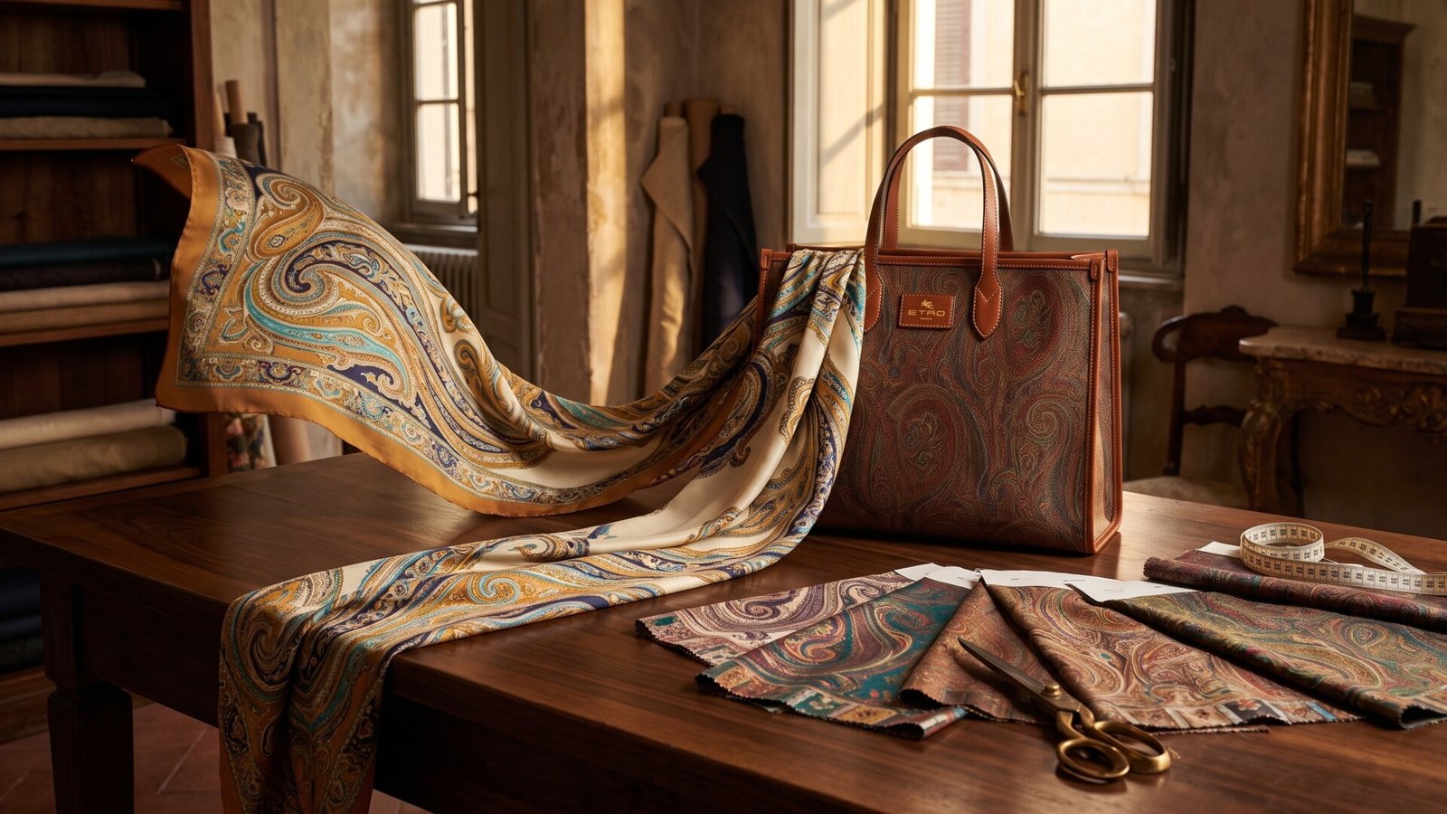 Etro paisley tote bag and draped silk scarf with fabric swatches on an atelier cutting table