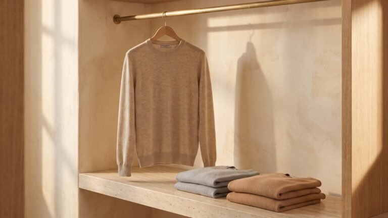 Falconeri beige cashmere sweater hanging above neatly folded knitwear in a sunlit minimalist closet