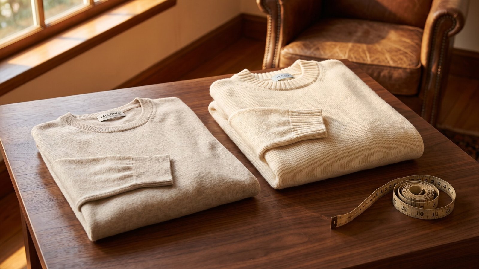 Falconeri and Malo Italian cashmere crewneck sweaters displayed side by side on a wooden table