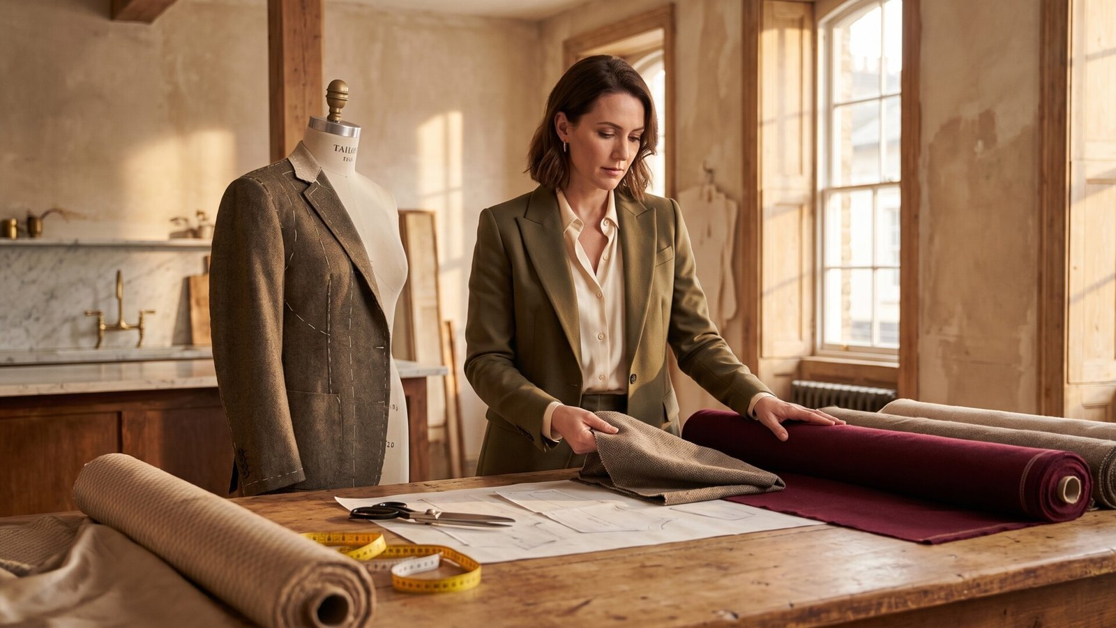 Fashion entrepreneur examining fabric rolls at a workbench beside a tailored jacket on a mannequin