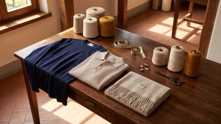 Fedeli cashmere sweaters, scarf, yarn spools, and tailoring tools arranged on a wooden workshop table