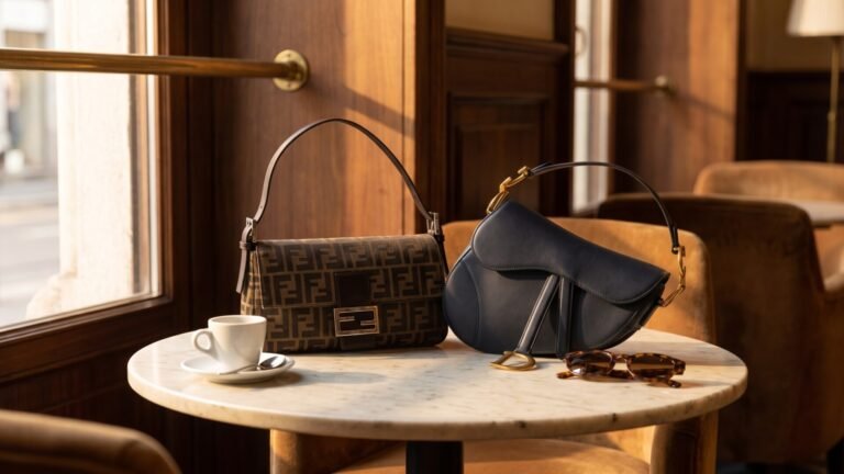 Fendi Baguette Zucca bag and navy leather Dior Saddle bag displayed on a marble cafe table