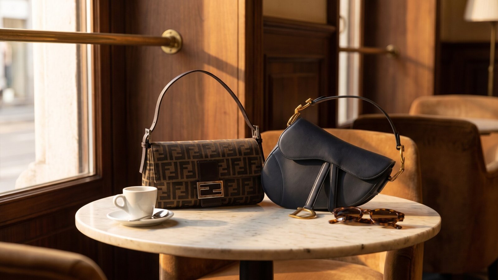 Fendi Baguette Zucca bag and navy leather Dior Saddle bag displayed on a marble cafe table