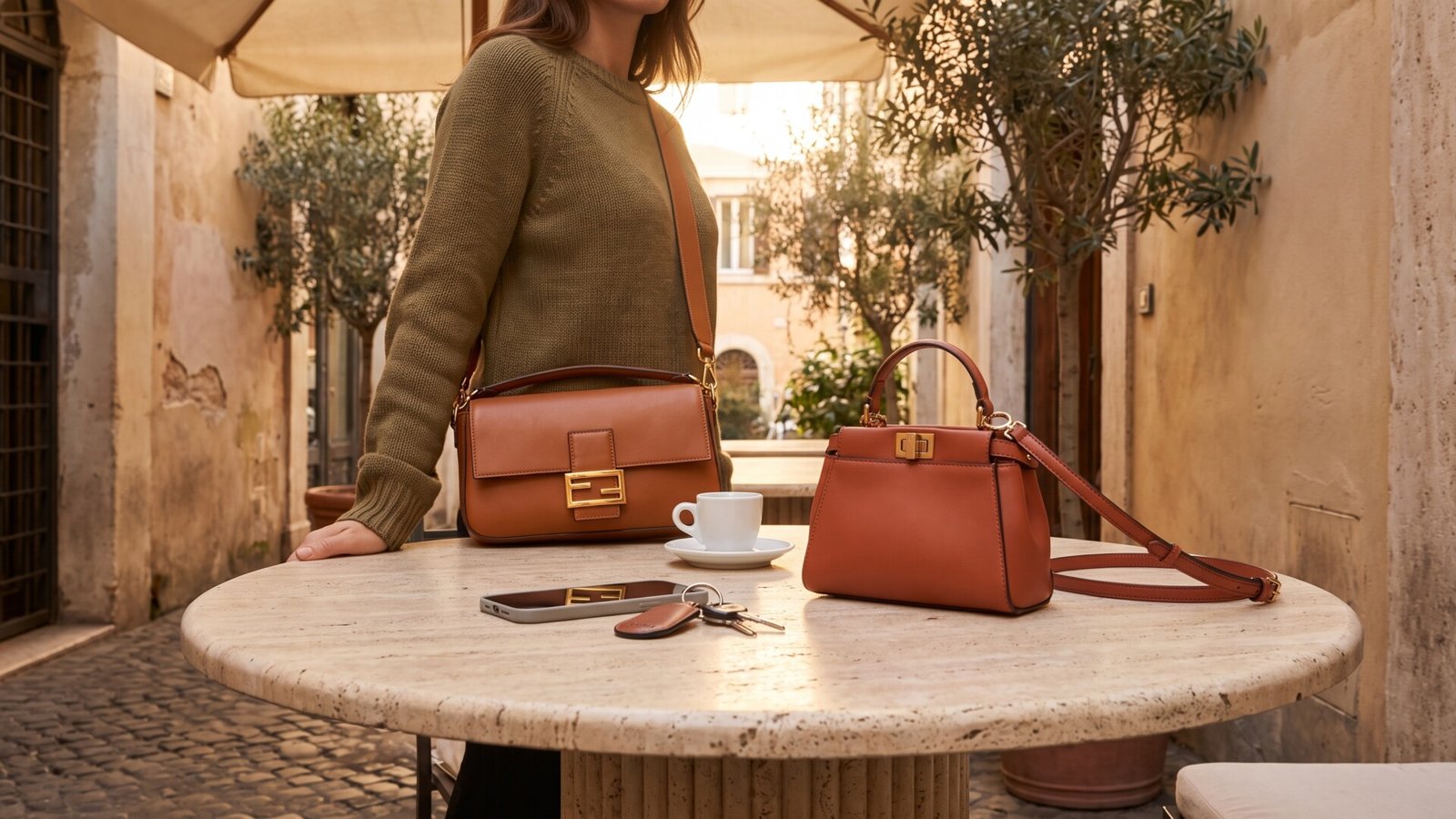Tan leather Fendi Baguette and Peekaboo crossbody bags styled at an outdoor Italian cafe table with daily essentials