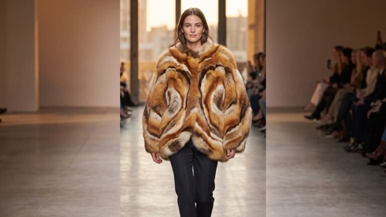 Model walking runway wearing a voluminous circular swirl patterned fur jacket with dark trousers