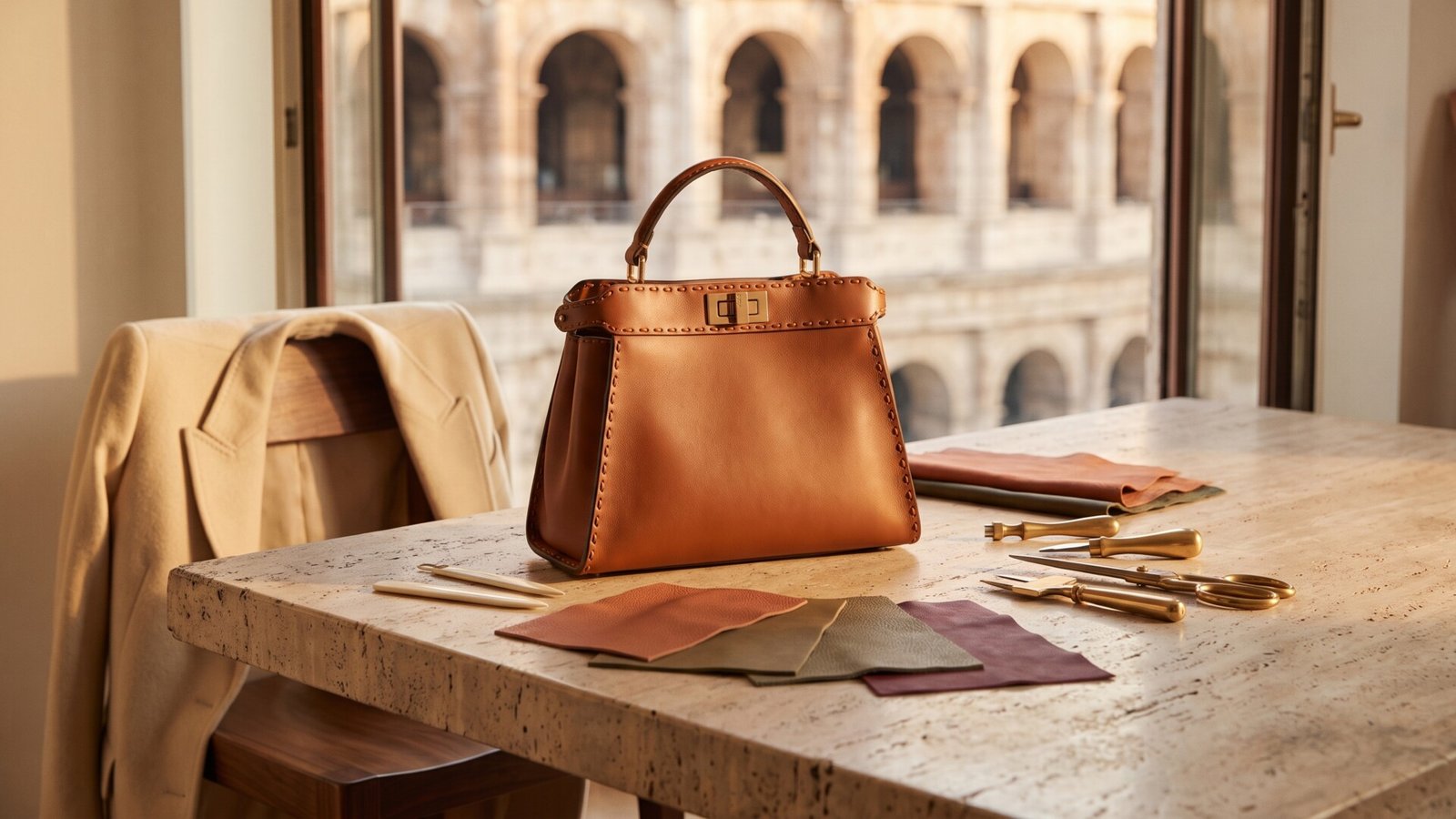 Tan leather handbag on a workshop table beside craft tools with the Colosseum visible through the window
