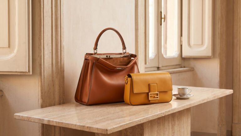 Brown Fendi Peekaboo and yellow Baguette leather handbags on a marble table in a sunlit room