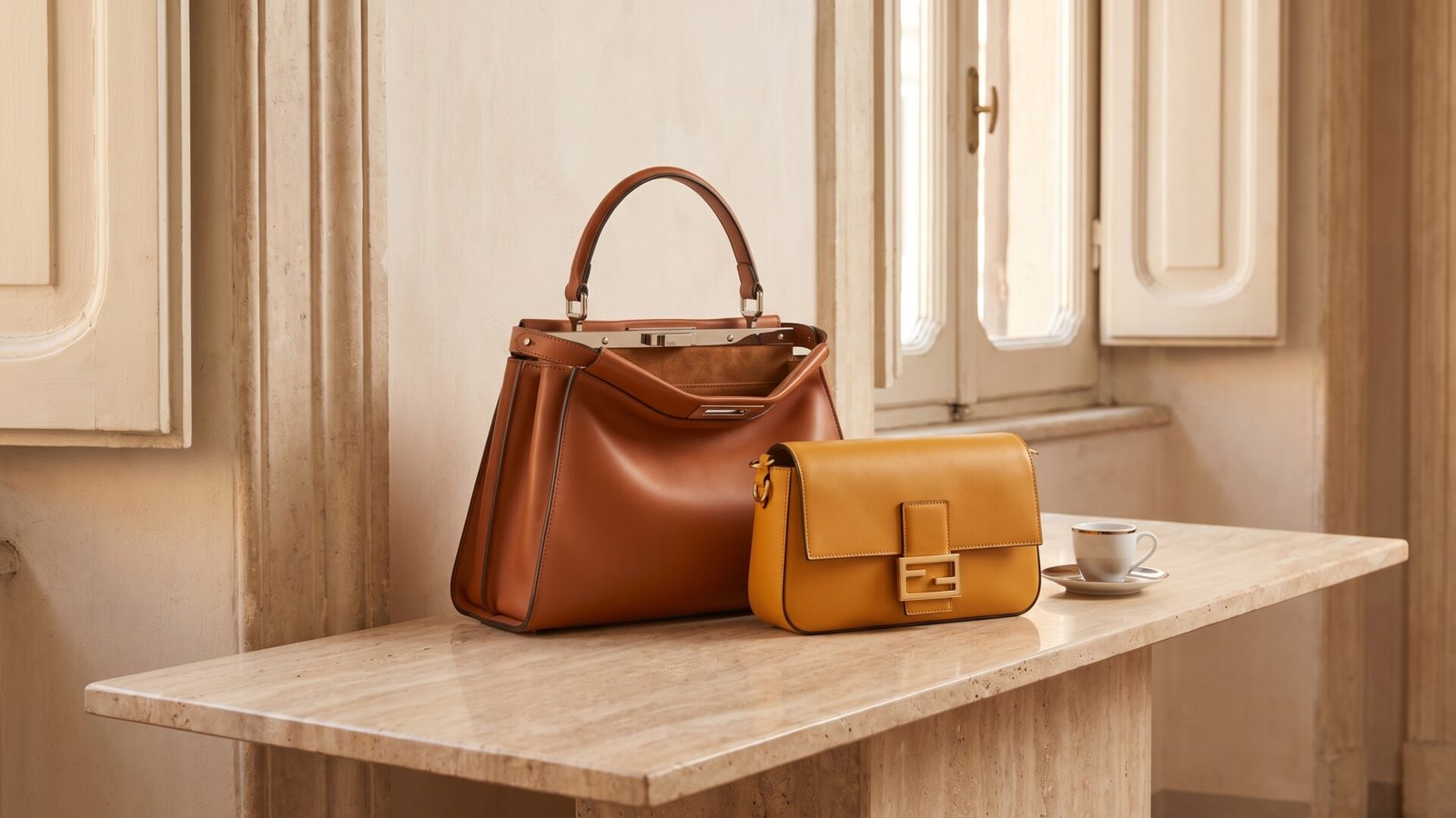 Brown Fendi Peekaboo and yellow Baguette leather handbags on a marble table in a sunlit room