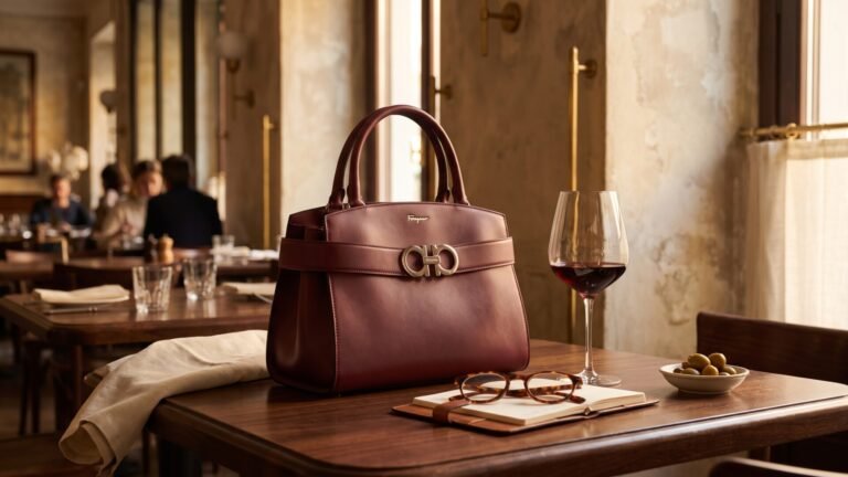Burgundy leather Ferragamo Hug handbag beside a glass of red wine and notebook on a restaurant table