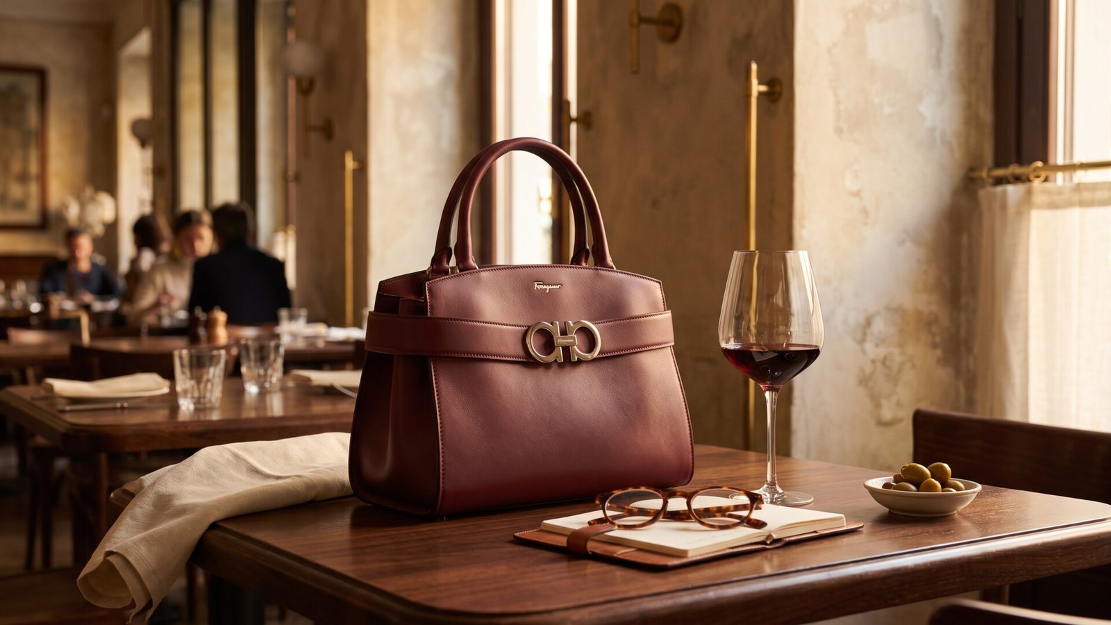 Burgundy leather Ferragamo Hug handbag beside a glass of red wine and notebook on a restaurant table