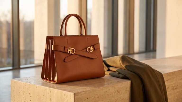 Brown leather Ferragamo Hug handbag with gold Gancini buckles on a stone plinth beside a folded coat