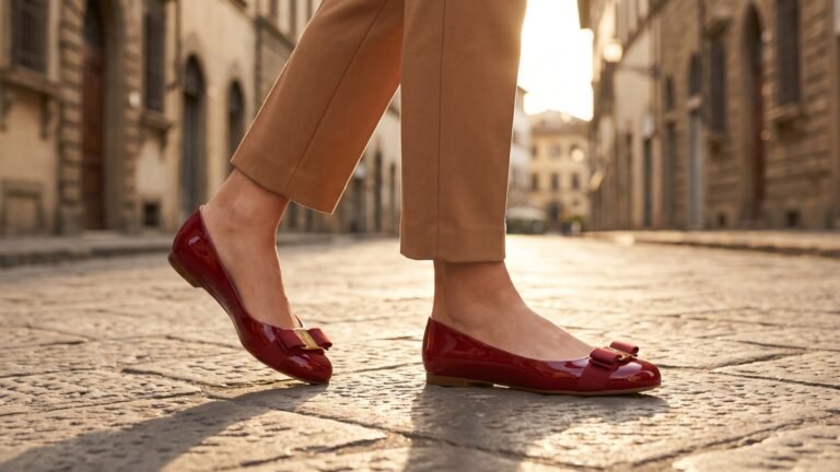 Woman wearing red patent leather Ferragamo Varina flats walking on cobblestone pavement in warm sunlight