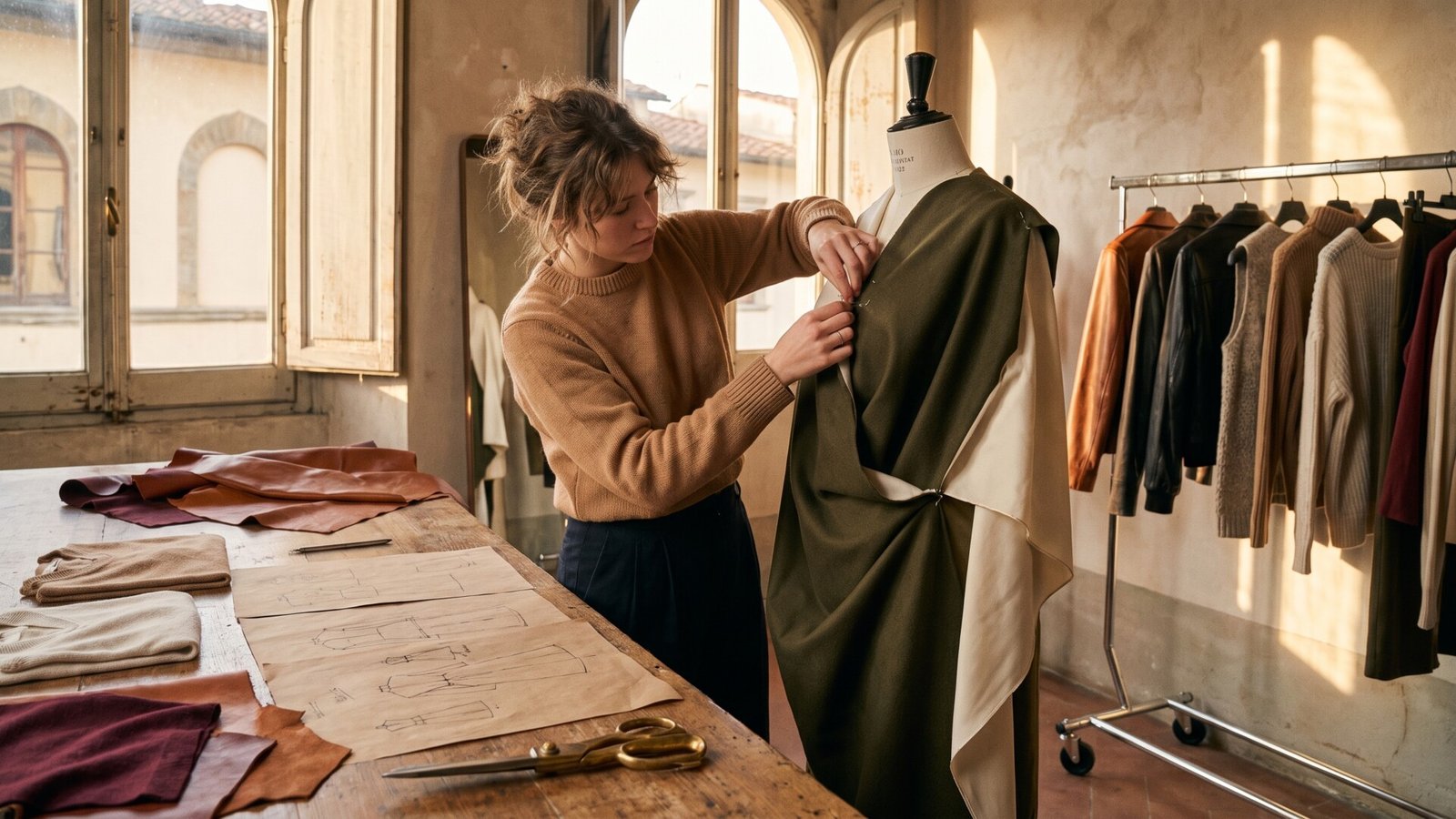 Young fashion designer pinning draped olive fabric onto a dressmaker's mannequin in a sunlit Florence atelier