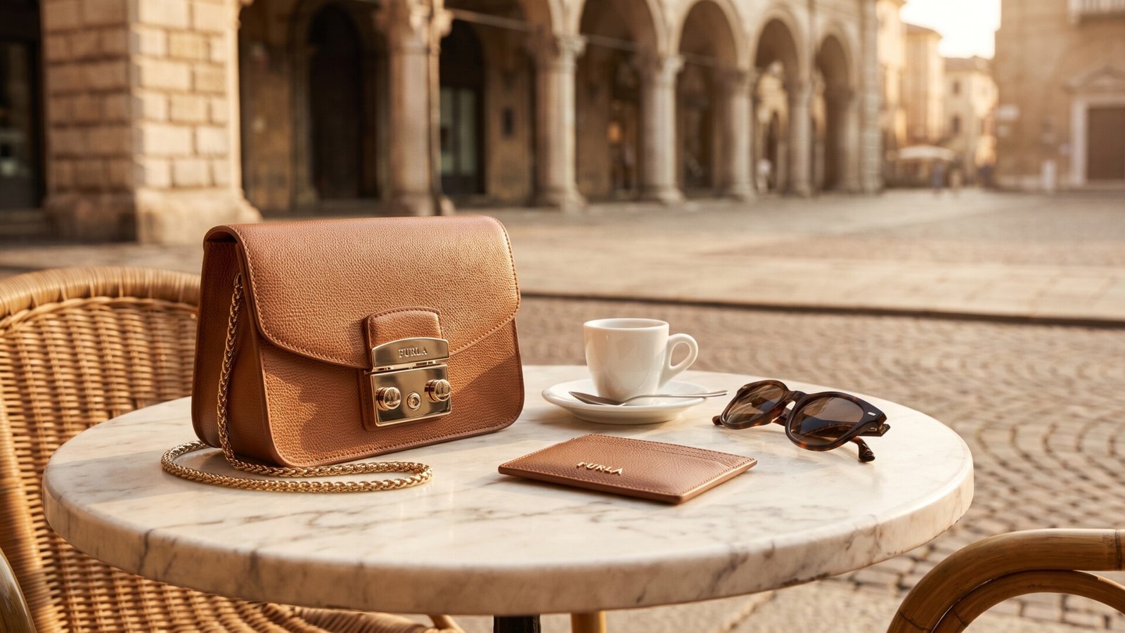 Tan Furla leather crossbody bag and matching cardholder on a marble cafe table in an Italian piazza