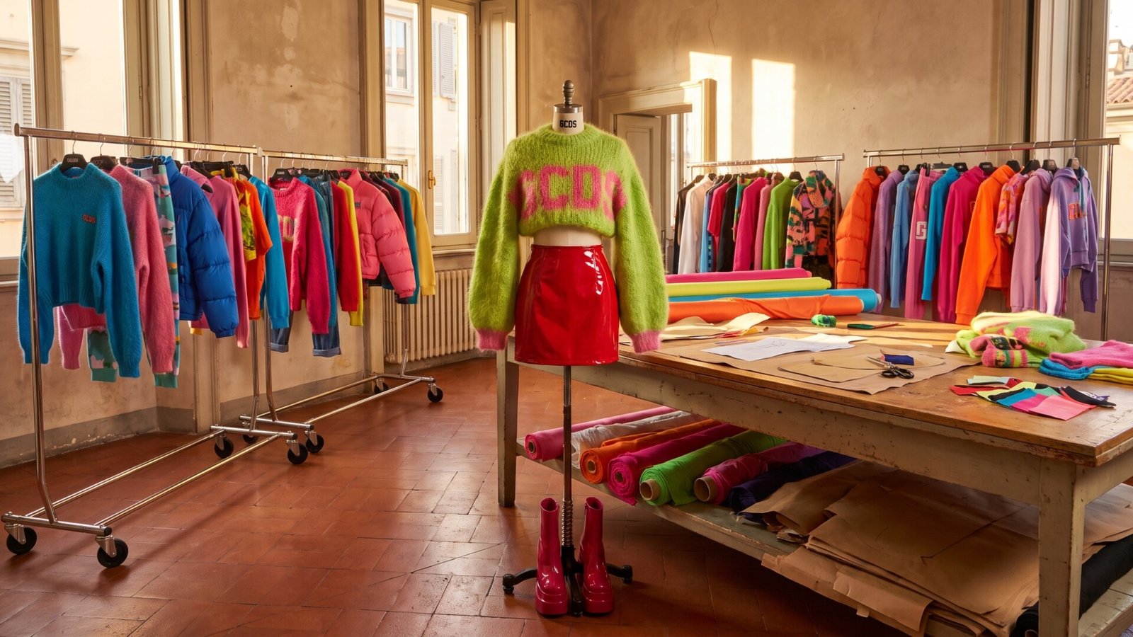 Mannequin in a fuzzy green GCDS sweater and red skirt in a bright fashion studio surrounded by colorful streetwear racks