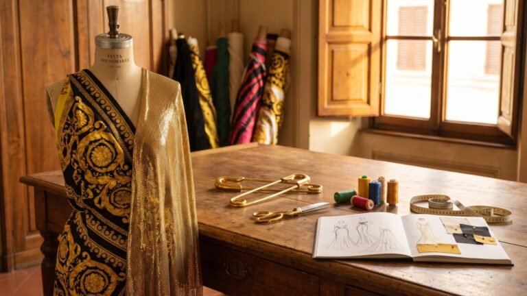 Mannequin draped in gold chainmail and baroque print silk inside a sunlit couture fashion atelier