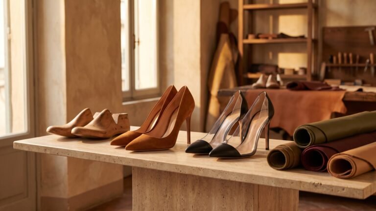 Gianvito Rossi suede and Plexi stiletto pumps on a stone table alongside wooden lasts and rolled leather