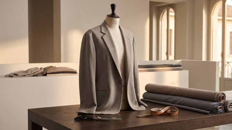 Deconstructed greige blazer on a tailor's form beside shears and fabric rolls in a minimalist atelier
