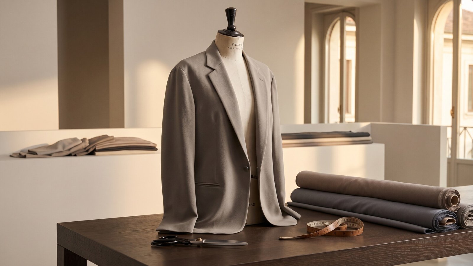 Deconstructed greige blazer on a tailor's form beside shears and fabric rolls in a minimalist atelier