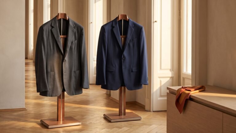 Two men's tailored blazers in grey and navy displayed side by side on wooden valet stands in a sunlit room
