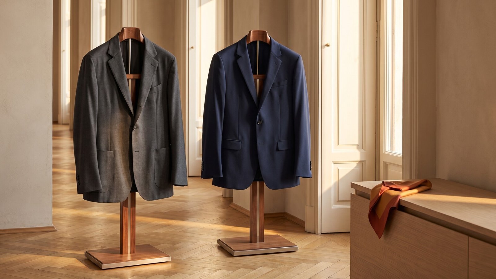 Two men's tailored blazers in grey and navy displayed side by side on wooden valet stands in a sunlit room