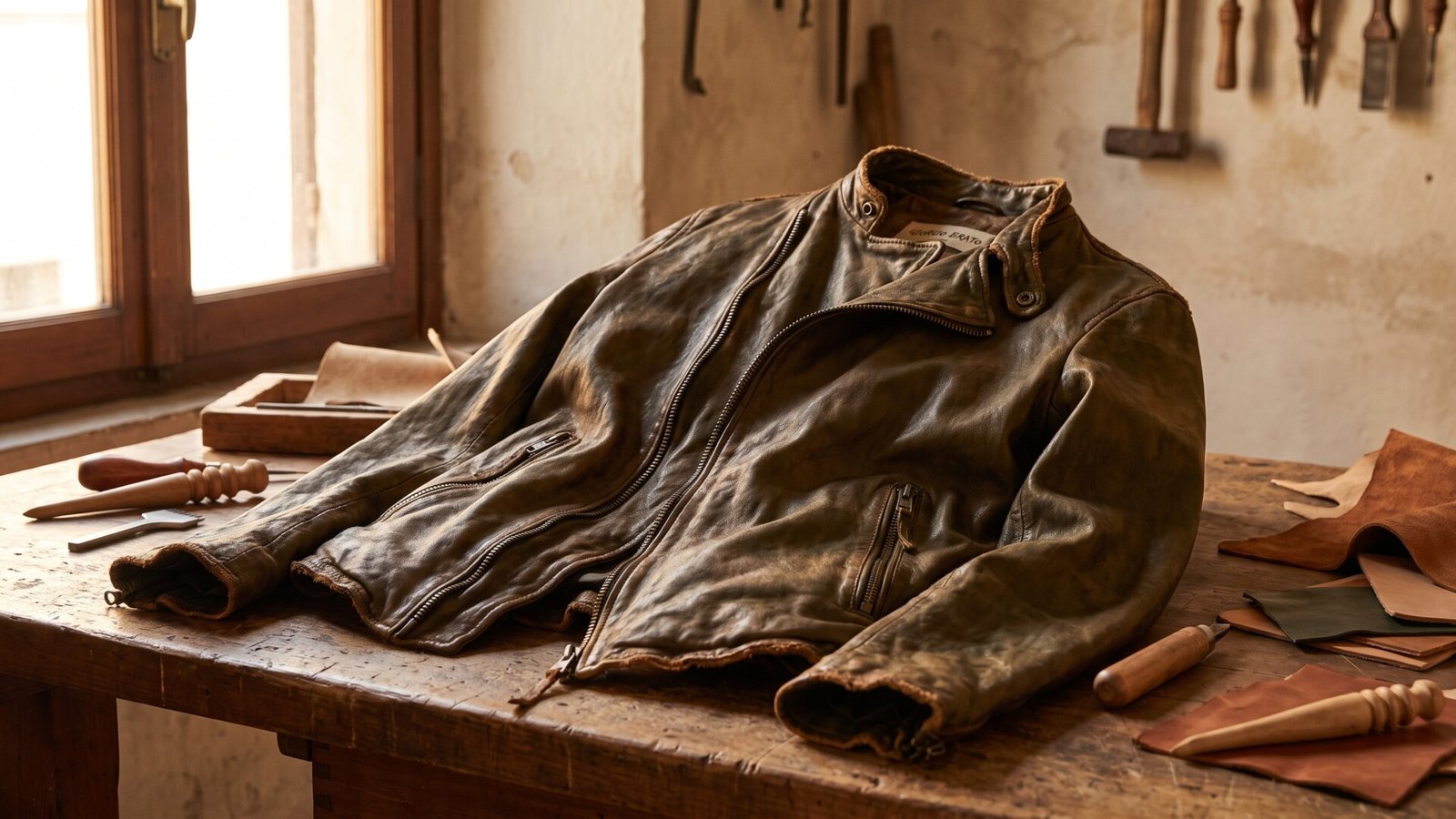 Distressed brown Giorgio Brato leather jacket displayed on an artisan workshop bench surrounded by tools