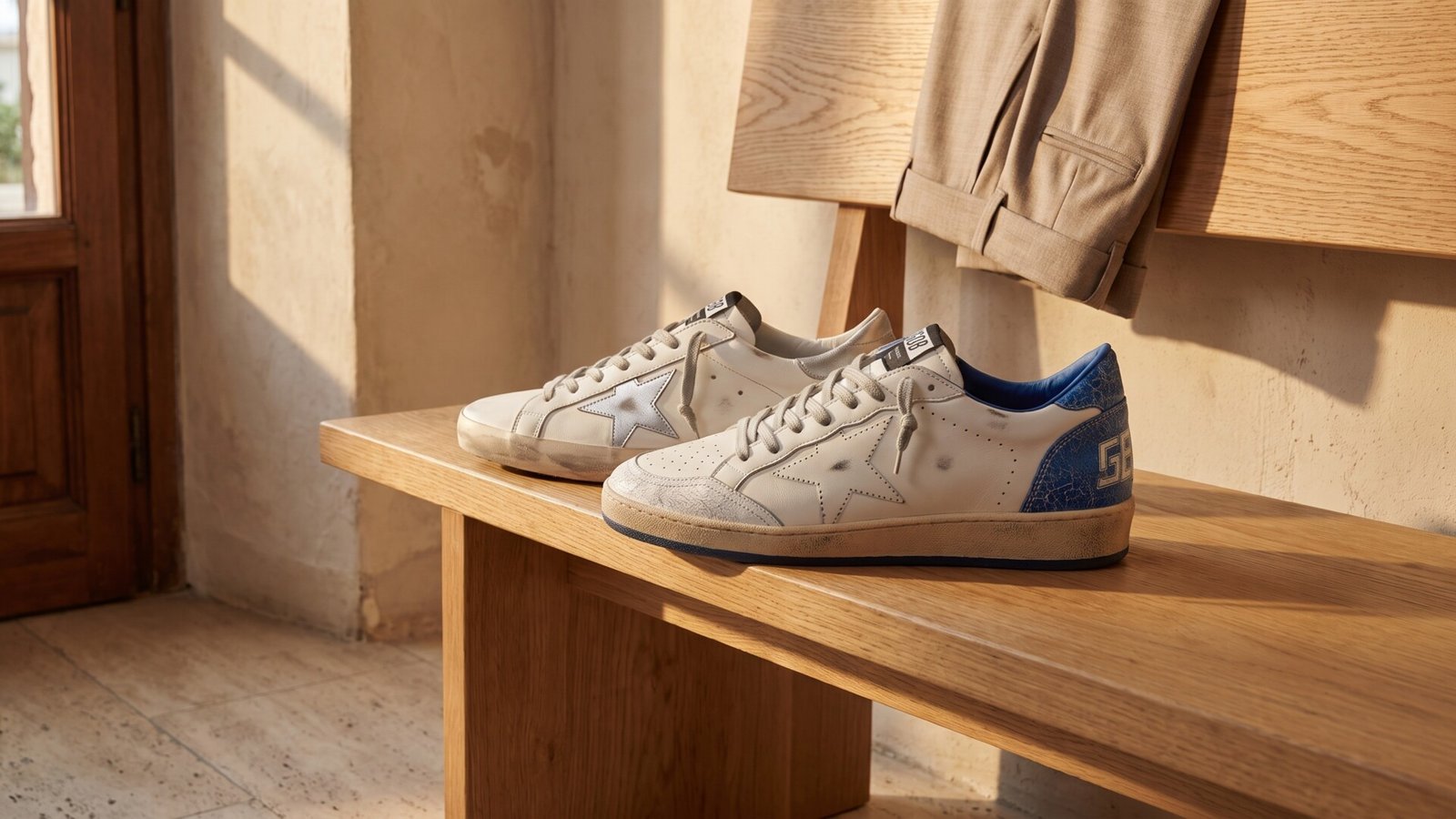 Golden Goose Ball Star and Super-Star sneakers resting side by side on a wooden bench