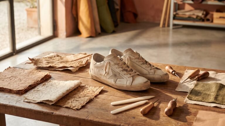 Golden Goose Super-Star sneakers on a wooden workshop workbench next to bio-based leather swatches and tools