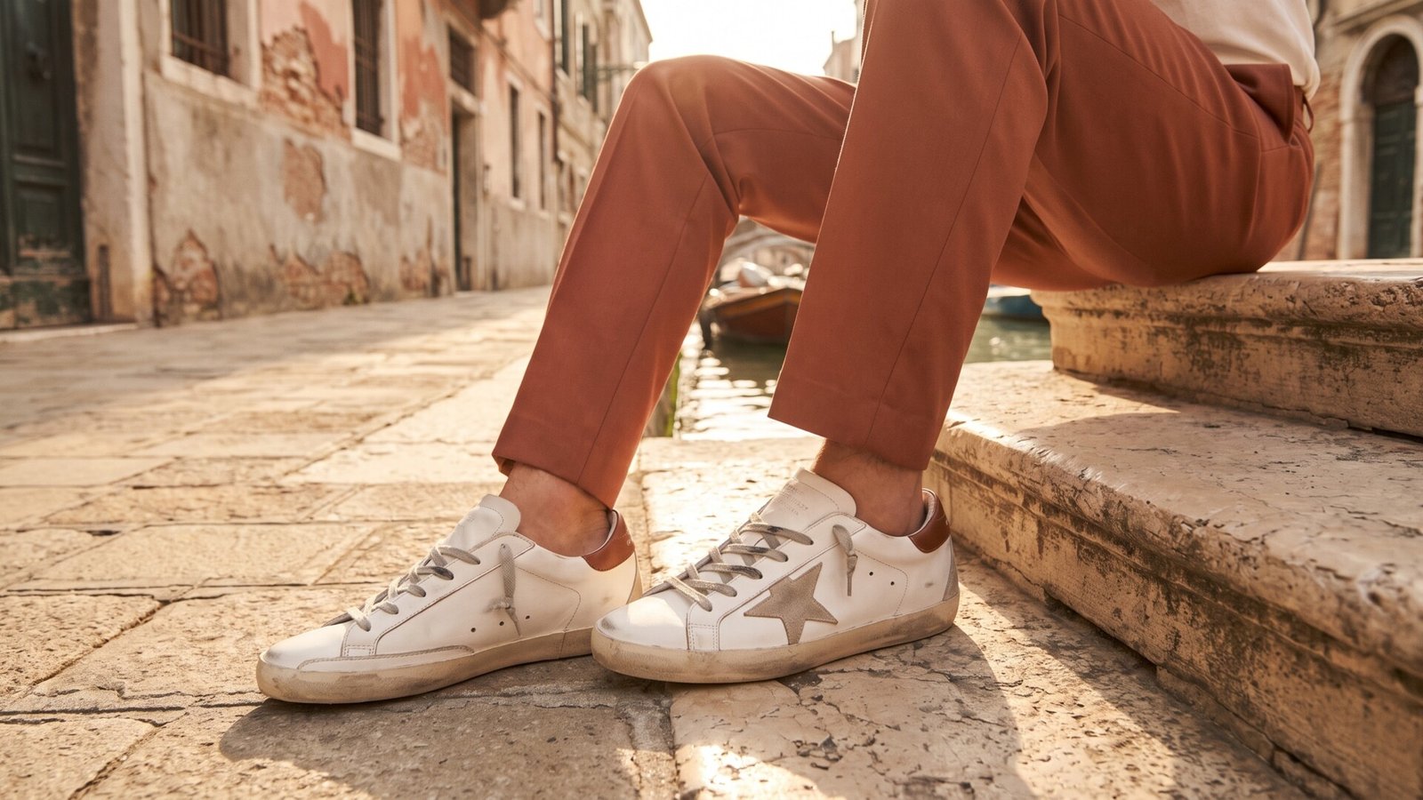 Distressed white Golden Goose Super-Star sneakers worn beside a sunlit canal in Venice