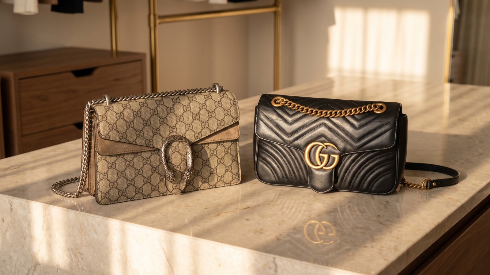 Gucci Dionysus canvas shoulder bag next to a black leather Marmont flap bag on a marble counter