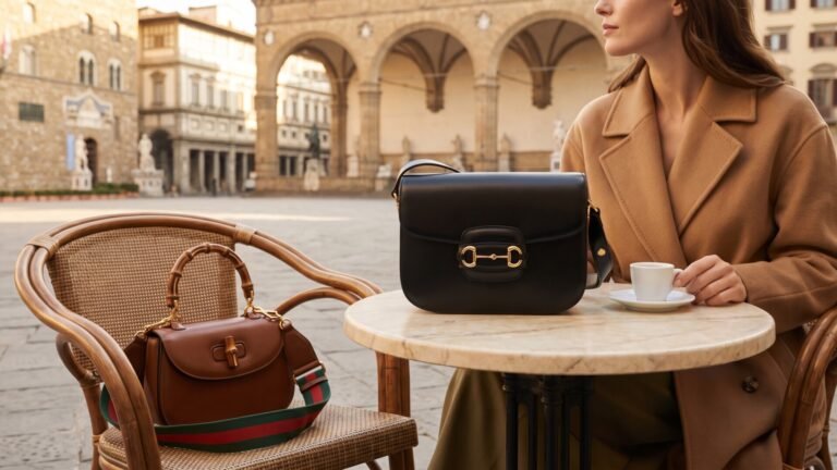 Black Gucci Horsebit and brown Bamboo leather handbags displayed at an outdoor café in Florence, Italy