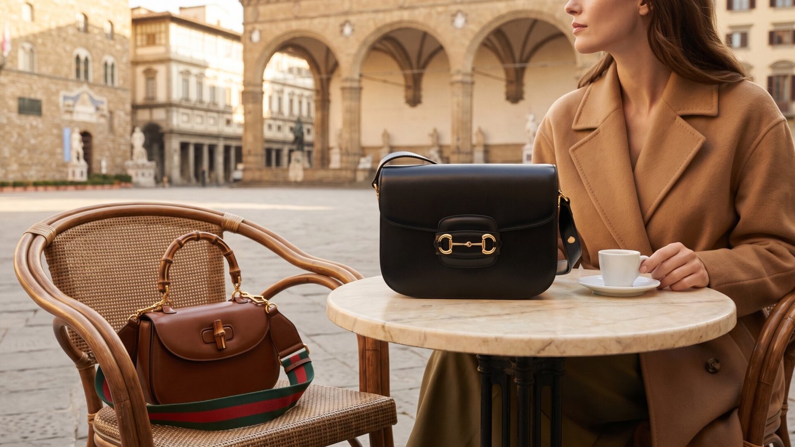Black Gucci Horsebit and brown Bamboo leather handbags displayed at an outdoor café in Florence, Italy