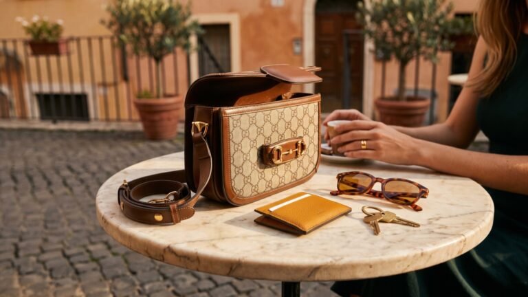 Gucci Horsebit 1955 crossbody bag on a marble table with sunglasses, a cardholder, and espresso