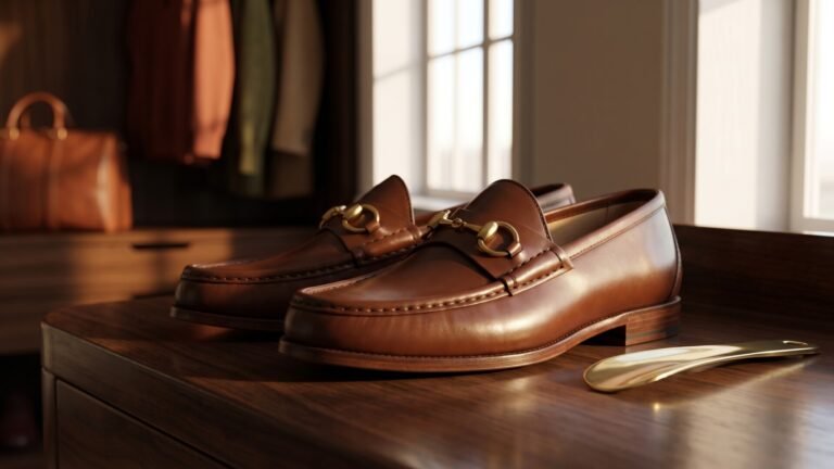 Brown leather Gucci Horsebit 1953 loafers resting on a polished wooden dresser beside a brass shoehorn