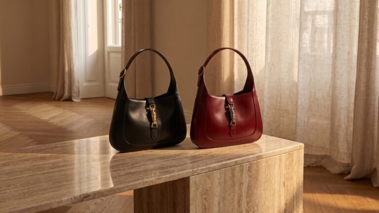 Black Gucci Jackie 1961 and burgundy Sabato De Sarno reimagined handbag on a marble table