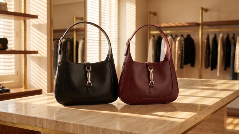 Black and burgundy Gucci Jackie shoulder bags featuring gold piston clasps displayed on a boutique marble table