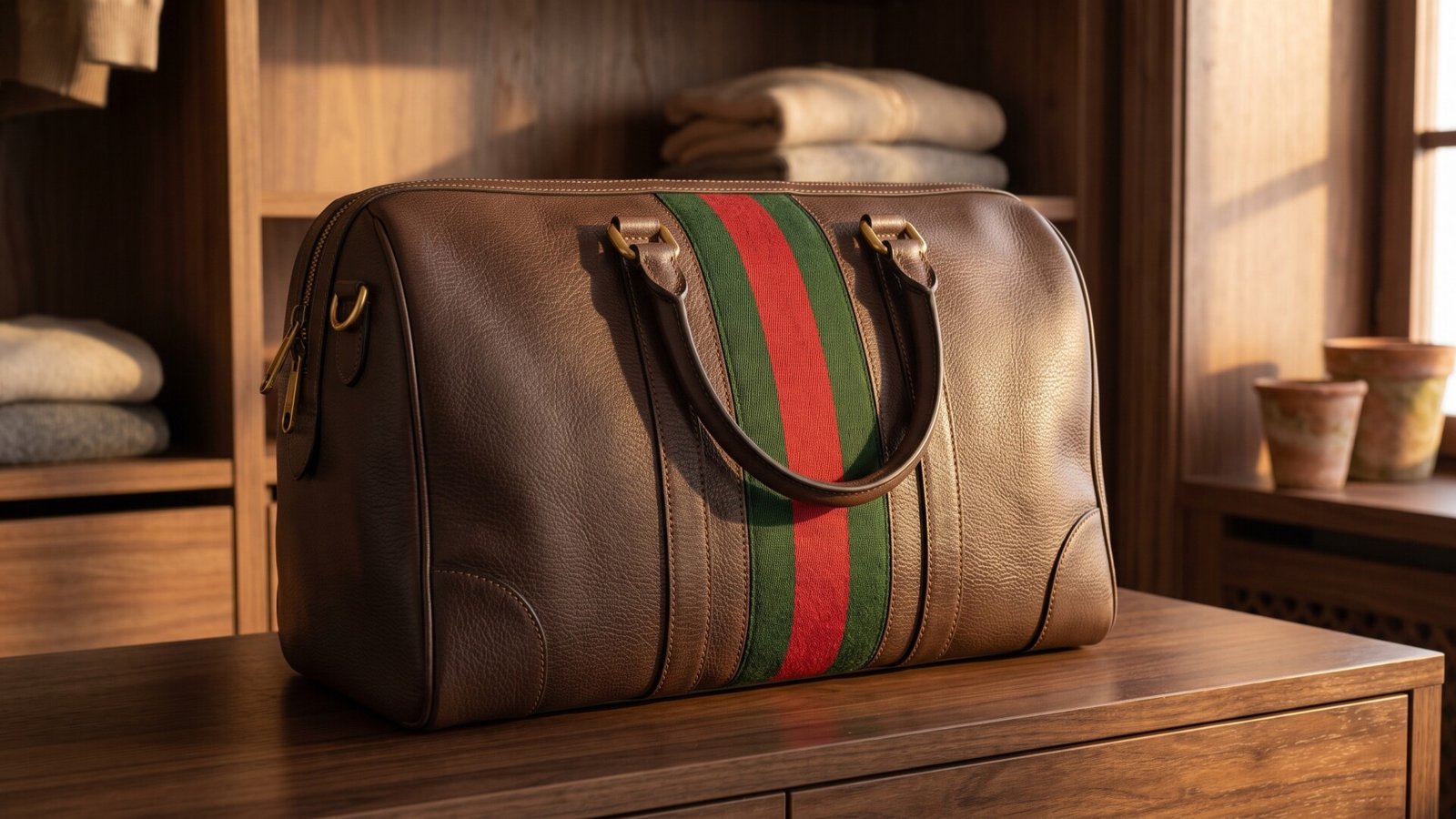 Brown leather travel bag featuring the signature green and red woven stripe in a sunlit wooden dressing room