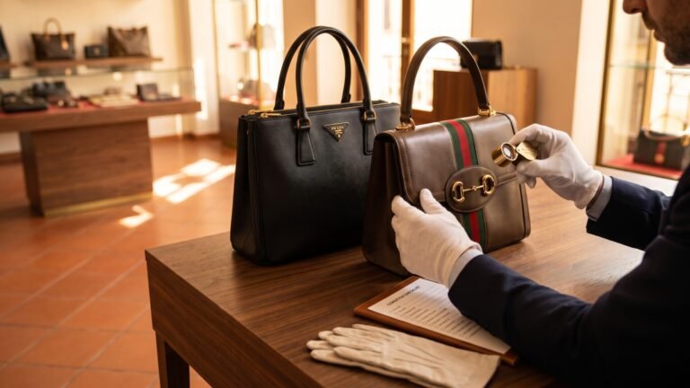Appraiser inspecting a brown Gucci Horsebit bag alongside a black Prada Galleria tote on a wooden evaluation desk