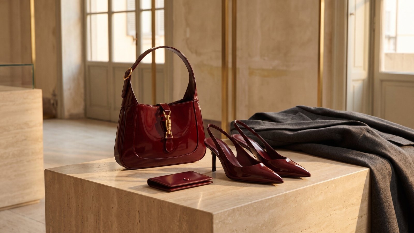 Gucci Jackie handbag, slingback heels, and small wallet in deep glossy Rosso Ancora red on a travertine block