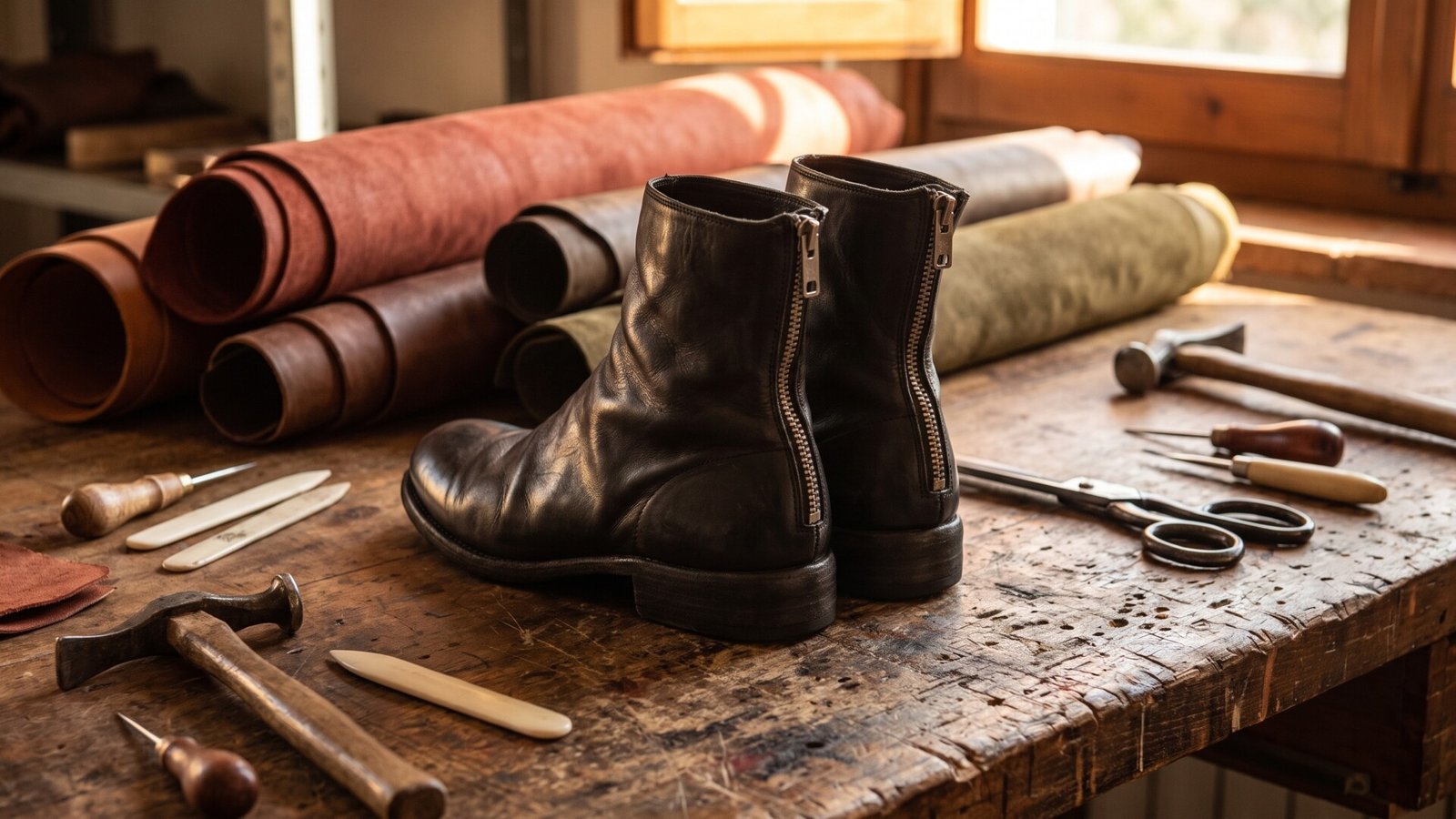 Black leather back-zip boots on a worn wooden workbench with rolled hides and traditional shoemaking tools