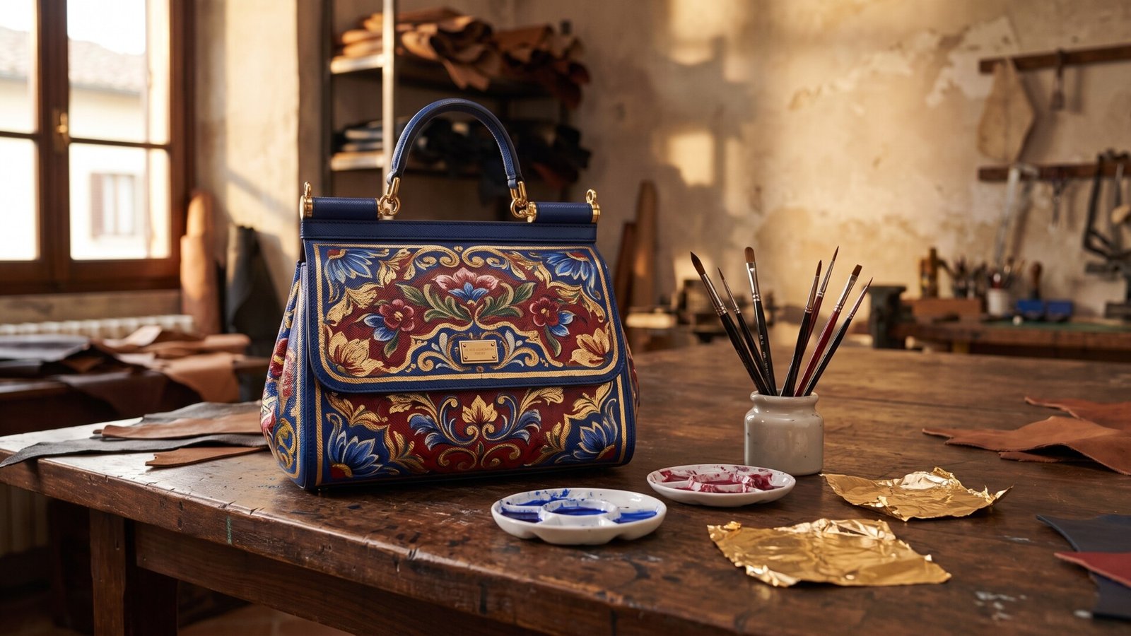 Hand-painted Dolce & Gabbana Sicily handbag on a wooden workbench surrounded by paintbrushes, pigment palettes, and gold leaf