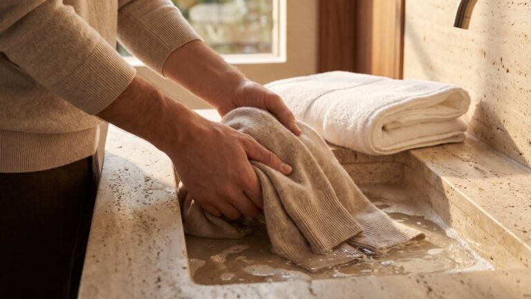 Hands gently washing a beige luxury cashmere sweater in a travertine stone basin with soapy water