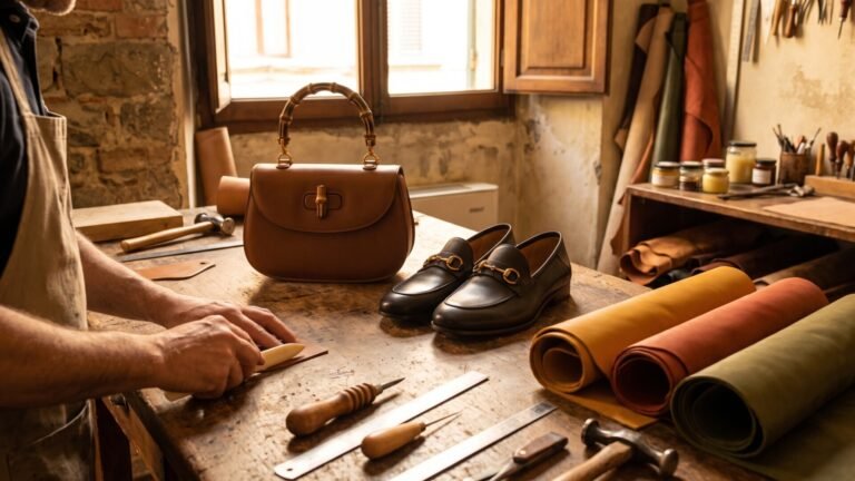 Artisan working at a workbench with a bamboo handle handbag, horsebit loafers, and traditional leathercraft tools