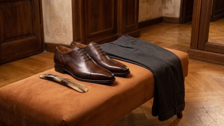 Polished dark brown leather Italian oxford shoes beside tailored trousers on an upholstered bench