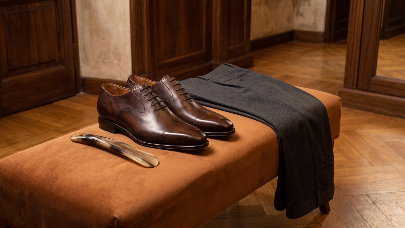 Polished dark brown leather Italian oxford shoes beside tailored trousers on an upholstered bench