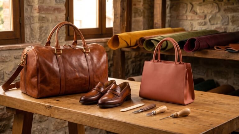Italian leather duffel bag, loafers, and tote arranged with artisan crafting tools on a wooden workbench